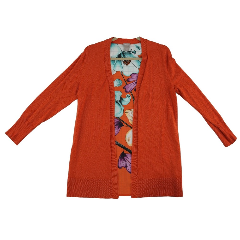 Chico's Cardigan Women's Size 1 US Medium Orange Floral Back Mixed Media